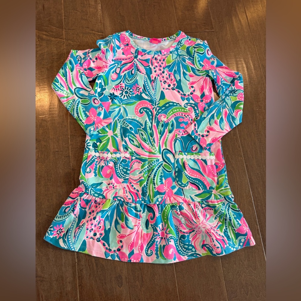 Girls Lilly Pulitzer Girls Bright Floral Long Sleeve Ruffle Skirt Dress